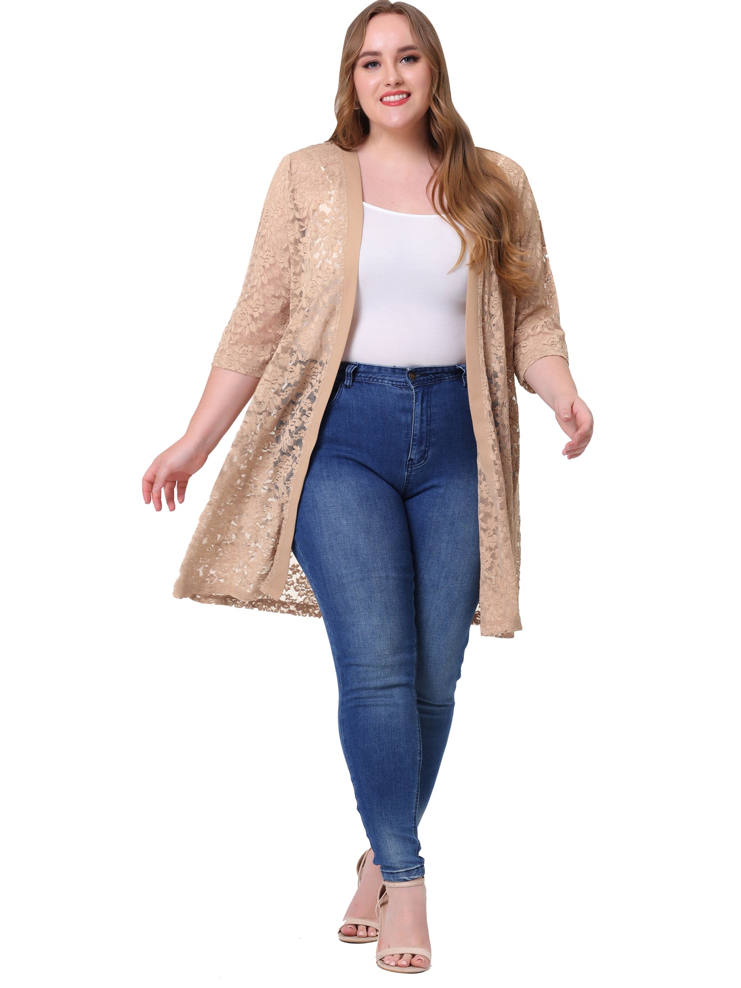 Women Plus Size Cardigans Lace Lightweight Crochet 3/4 Sleeve Cover Up Jacket