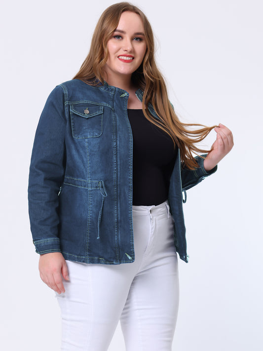 Women's Plus Size Denim Jacket Stretch Stand Collar Zip Drawstring Jean Jacket