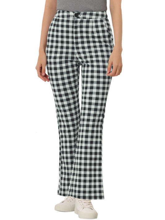 Women's Plaid High Waist Bell Bottom Pants Stretchy Flare Leg Trousers