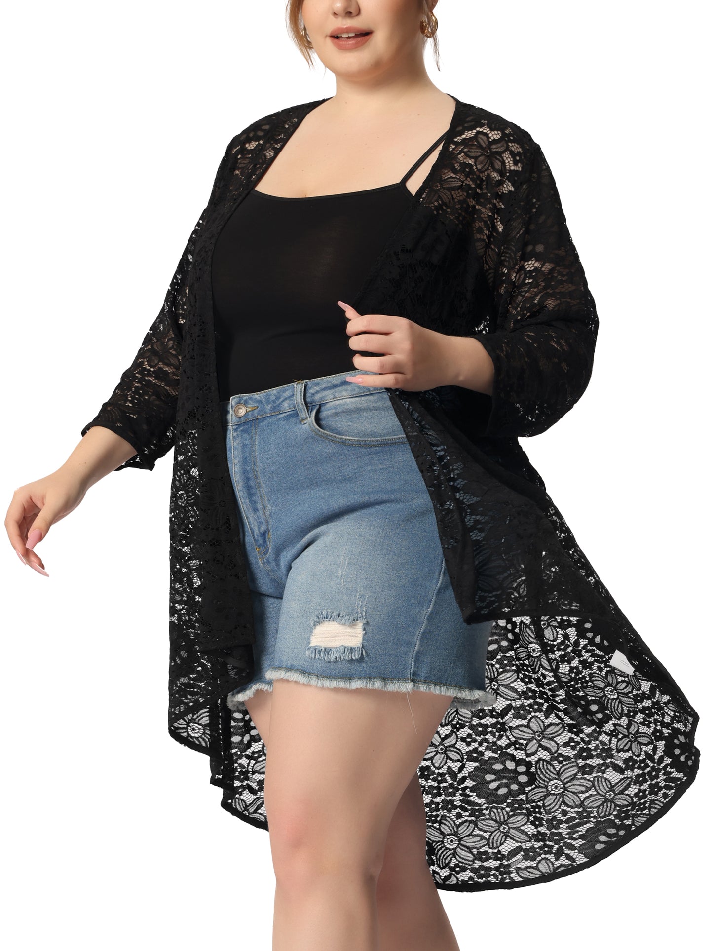 Women's Plus Size Cardigan Lace Crochet High Low 3/4 Sleeve Open Front Sheer Kimonos Cover Up