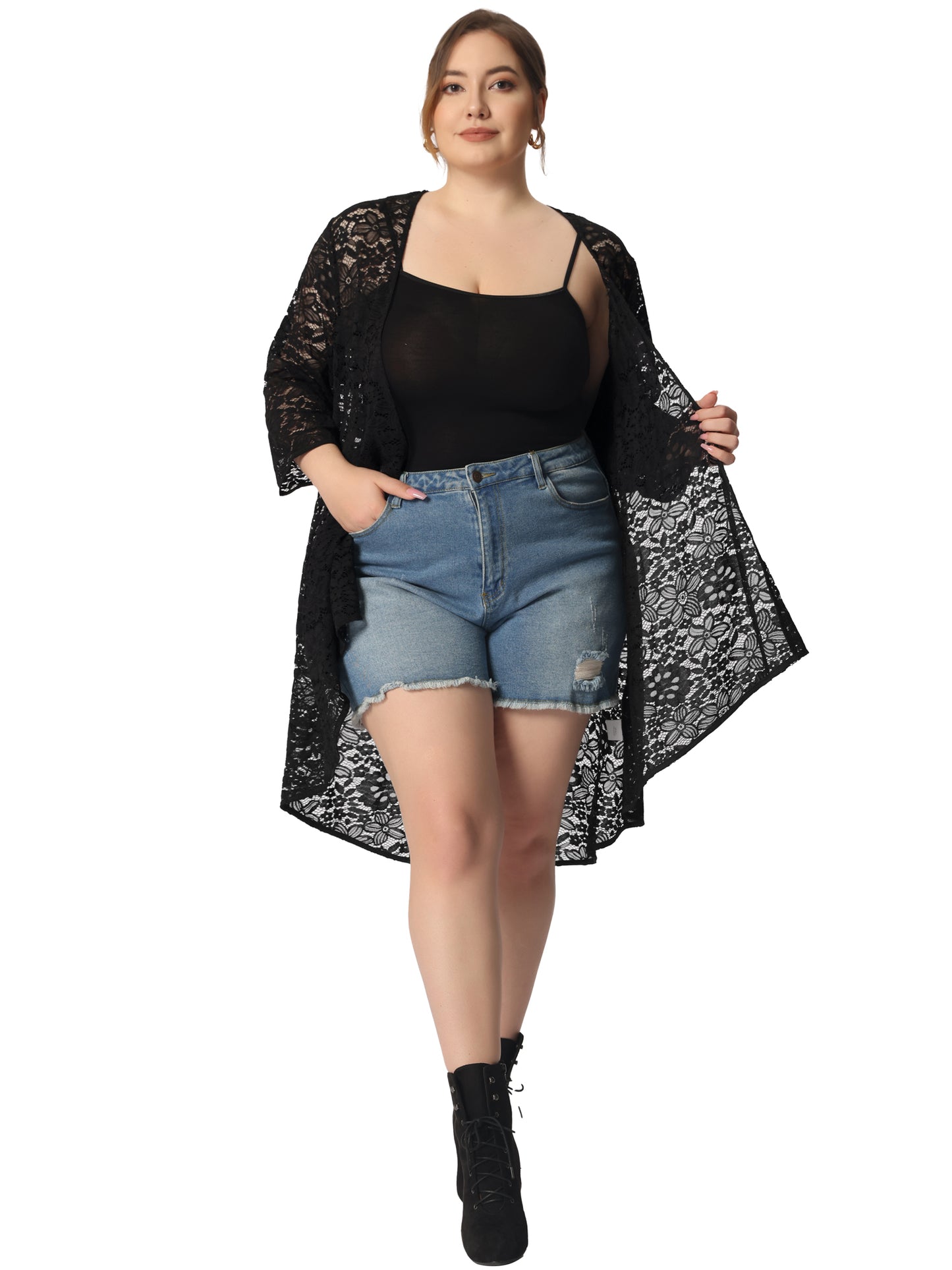 Women's Plus Size Cardigan Lace Crochet High Low 3/4 Sleeve Open Front Sheer Kimonos Cover Up
