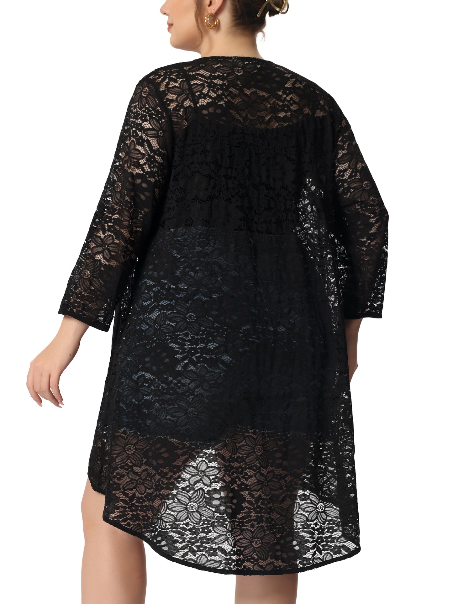 Women's Plus Size Cardigan Lace Crochet High Low 3/4 Sleeve Open Front Sheer Kimonos Cover Up
