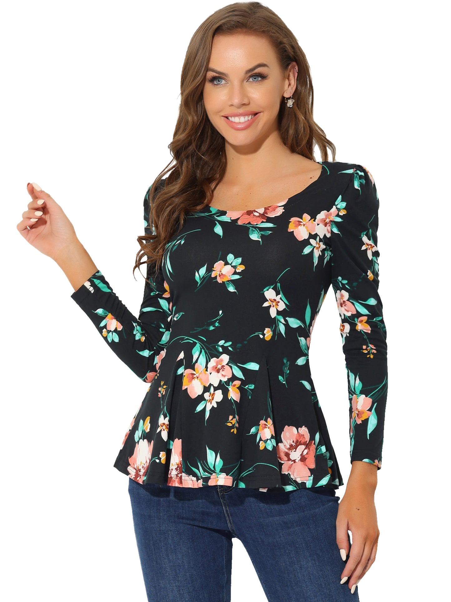 Women's Print Long Sleeve Ruffle Hem Scoop Neck Casual Peplum Top