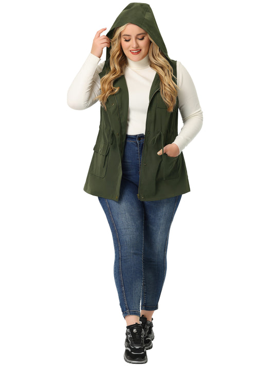 Women Plus Size Anorak Utility Vest Lightweight Drawstring Sleeveless Cargo Hooded Jacket