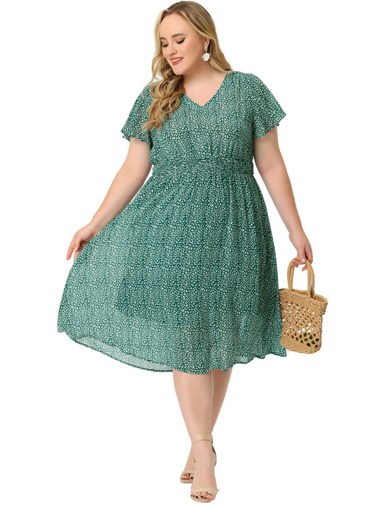 Women's Plus Size Summer Dress Floral Print V Neck Smocked A-Line Flowy Midi Dress