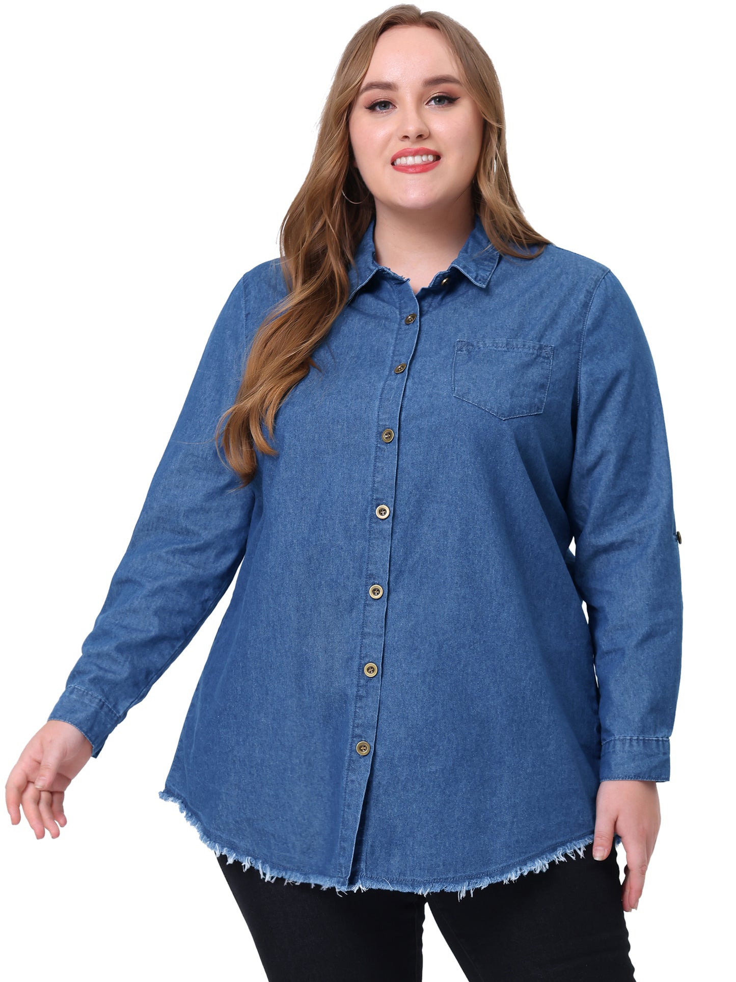 Women Plus Size Shirts Chambray Top Button Down Denim Shirt Top