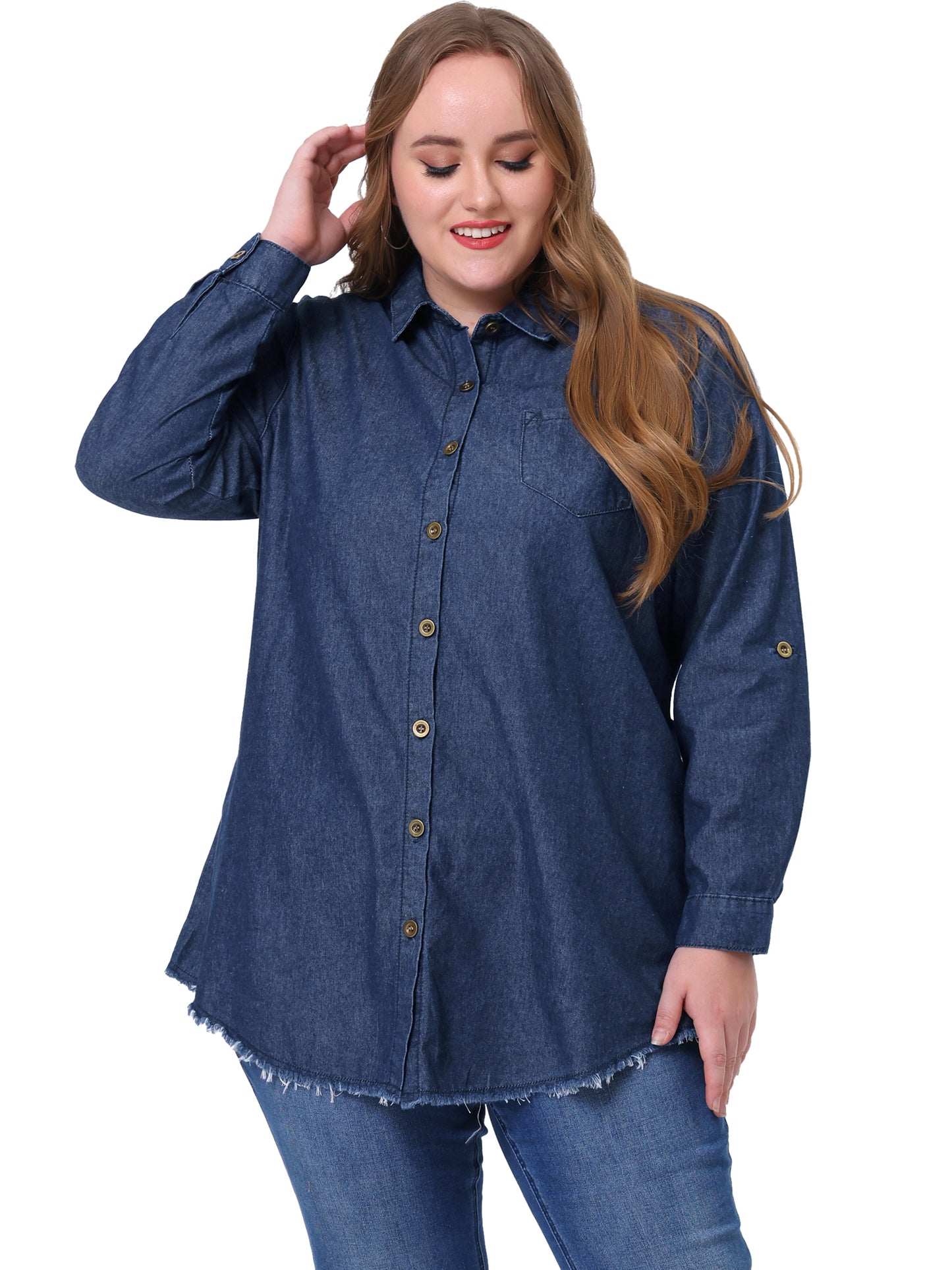 Women Plus Size Shirts Chambray Top Button Down Denim Shirt Top