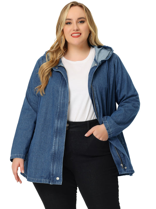 Women Plus Size Denim Jackets with Hood Layered Drawstring Utility Pockets Jean Jacket