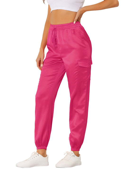 Women's Satin Joggers Drawstring Elastic Athleisure Pants High Waist Shiny Silky Satin Cargo Pants