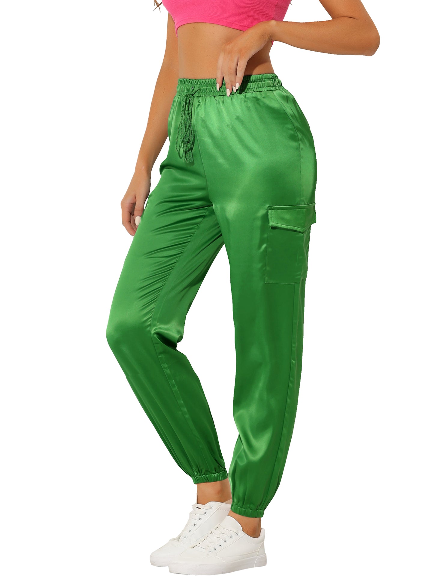 Women's Satin Joggers Drawstring Elastic Athleisure Pants High Waist Shiny Silky Satin Cargo Pants
