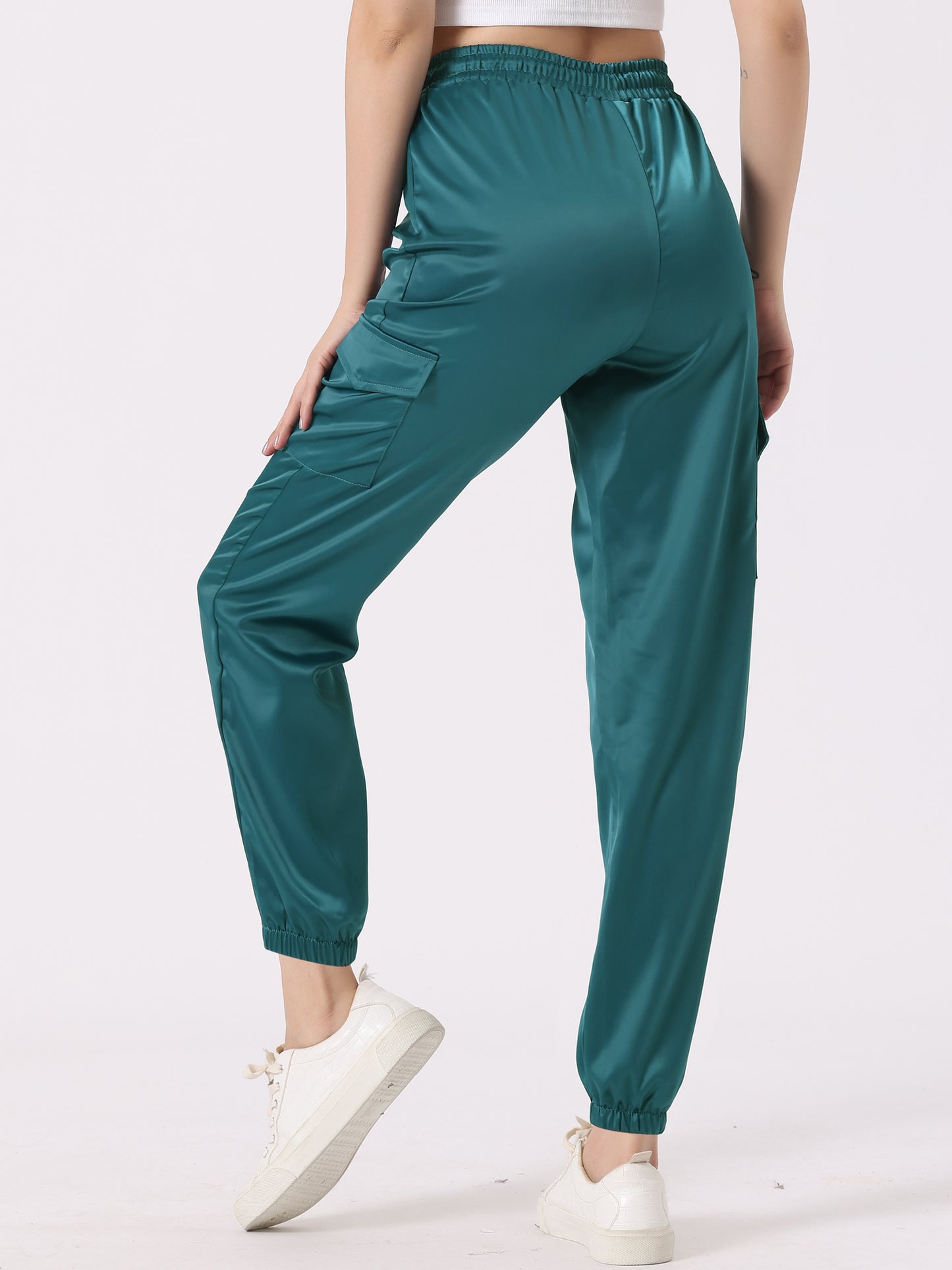 Women's Satin Joggers Drawstring Elastic Athleisure Pants High Waist Shiny Silky Satin Cargo Pants