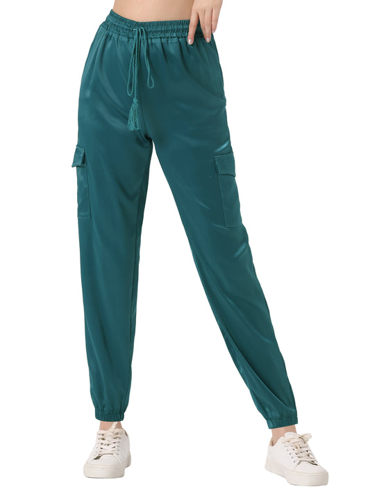 Women's Satin Joggers Drawstring Elastic Athleisure Pants High Waist Shiny Silky Satin Cargo Pants
