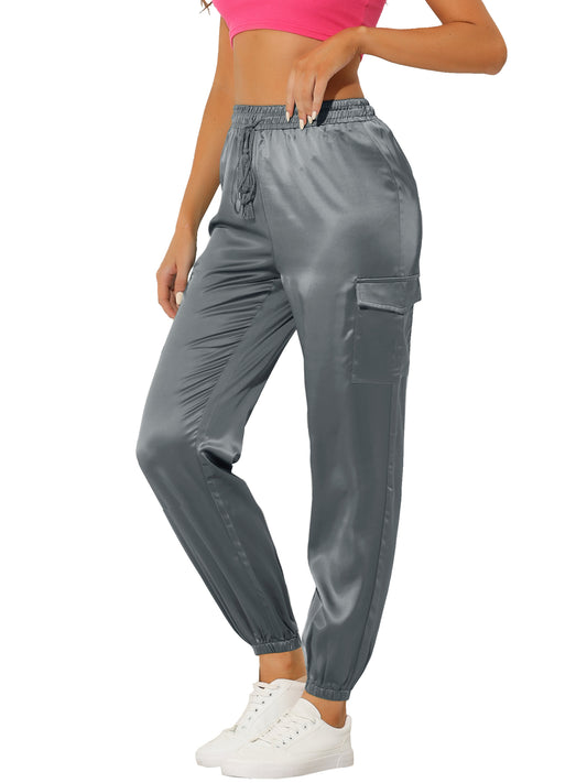 Women's Satin Joggers Drawstring Elastic Athleisure Pants High Waist Shiny Silky Satin Cargo Pants