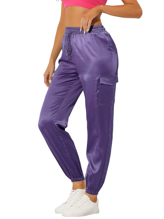 Women's Satin Joggers Drawstring Elastic Athleisure Pants High Waist Shiny Silky Satin Cargo Pants