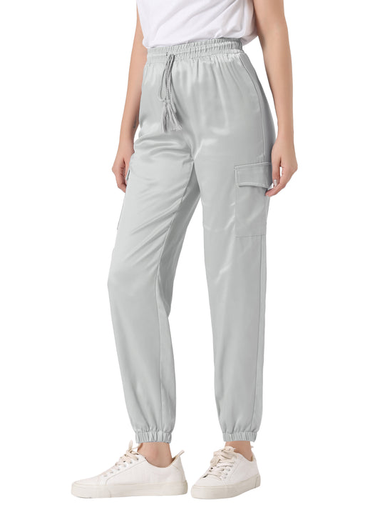 Women's Satin Joggers Drawstring Elastic Athleisure Pants High Waist Shiny Silky Satin Cargo Pants