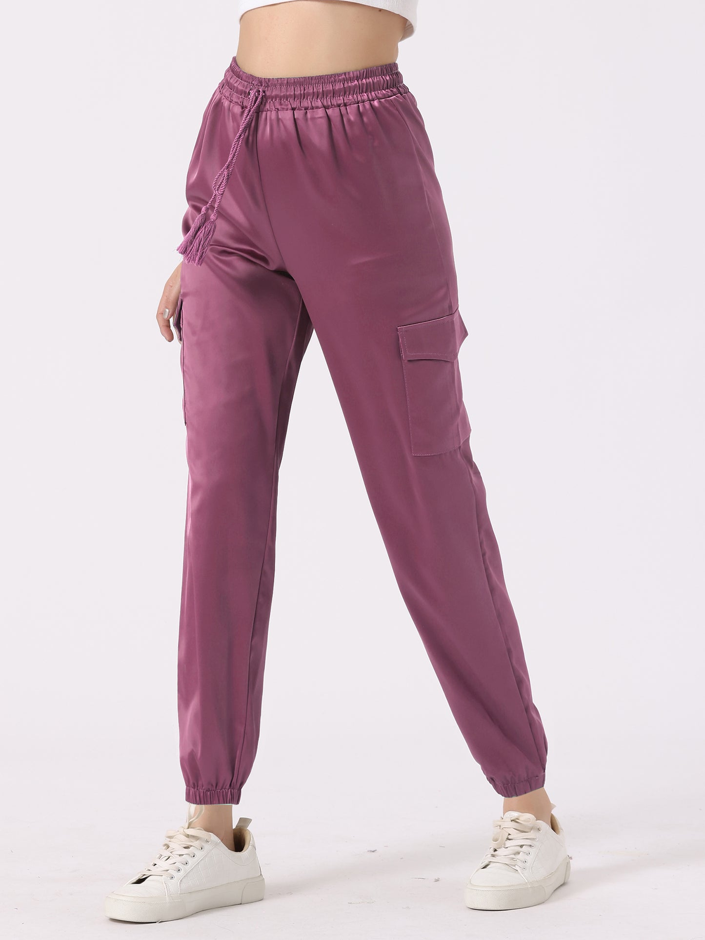 Women's Satin Joggers Drawstring Elastic Athleisure Pants High Waist Shiny Silky Satin Cargo Pants