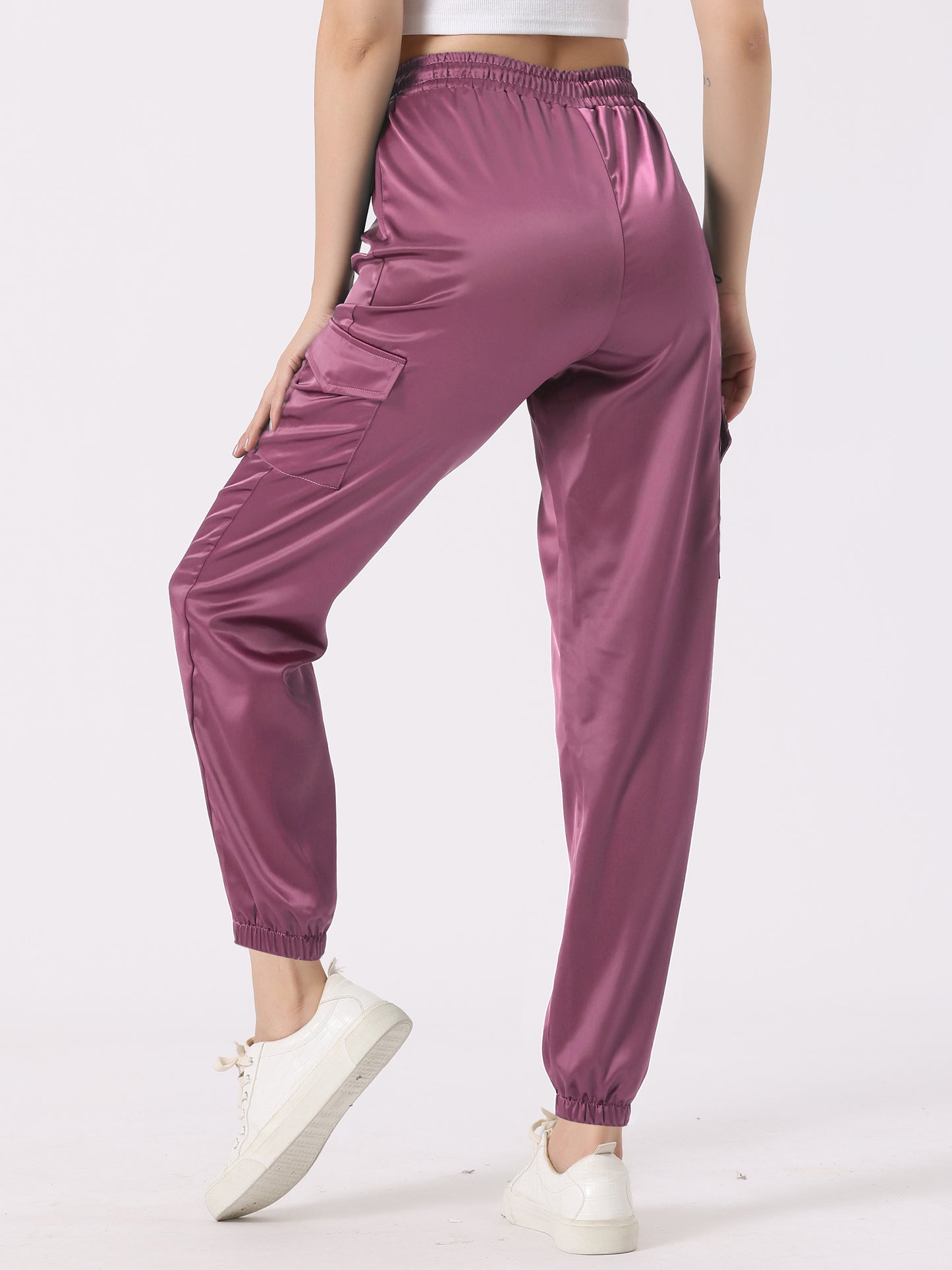 Women's Satin Joggers Drawstring Elastic Athleisure Pants High Waist Shiny Silky Satin Cargo Pants