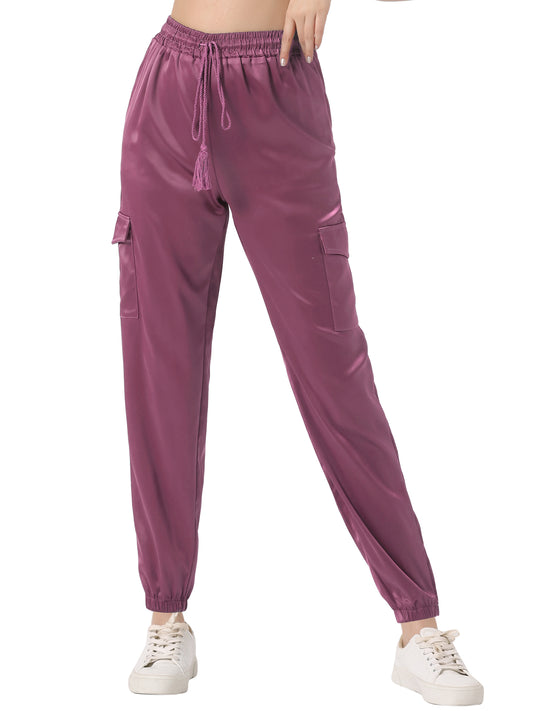 Women's Satin Joggers Drawstring Elastic Athleisure Pants High Waist Shiny Silky Satin Cargo Pants