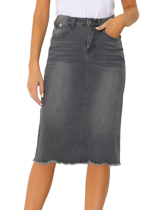 Women's Casual Jean Skirt High Waist Back Slit Stretch Denim Skirt (Available in Plus Size)