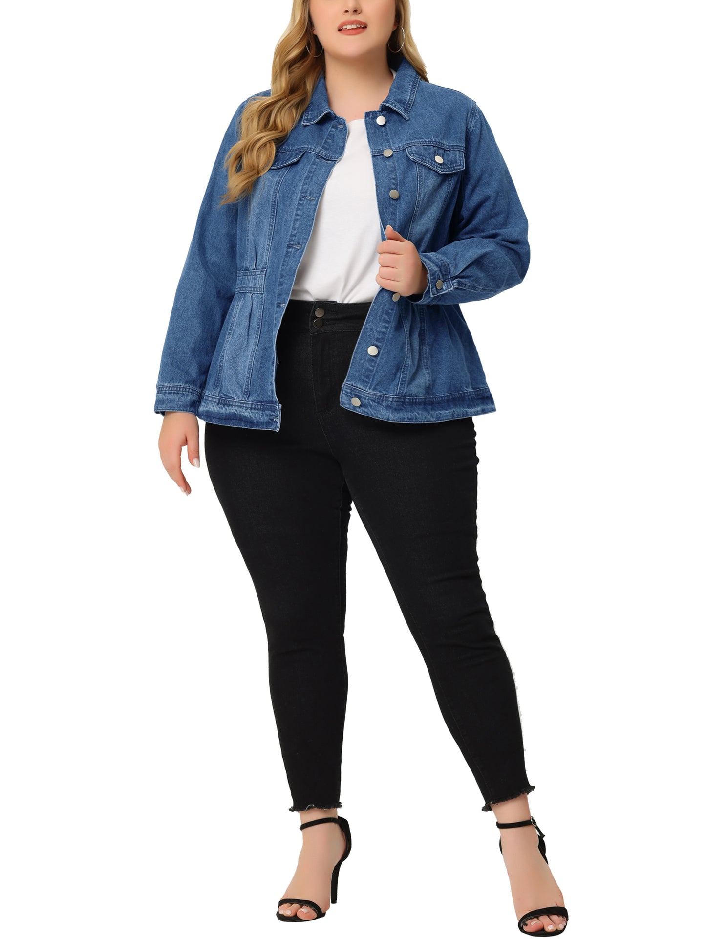 Women Plus Size Denim Jacket Long Sleeve Button Down Washed Front Trucker Jean Jacket