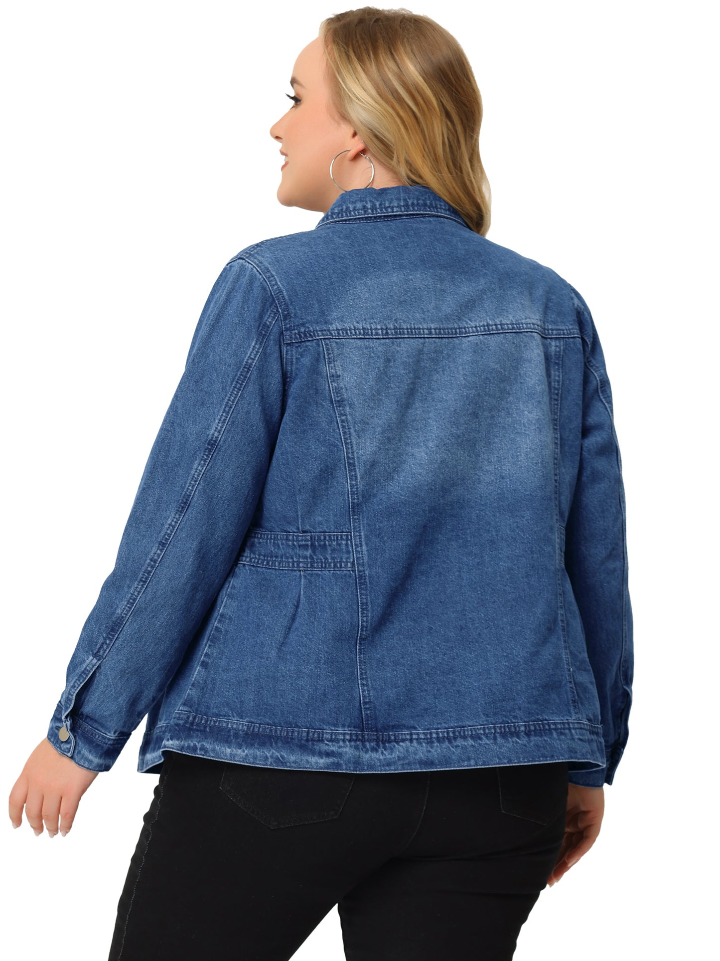 Women Plus Size Denim Jacket Long Sleeve Button Down Washed Front Trucker Jean Jacket