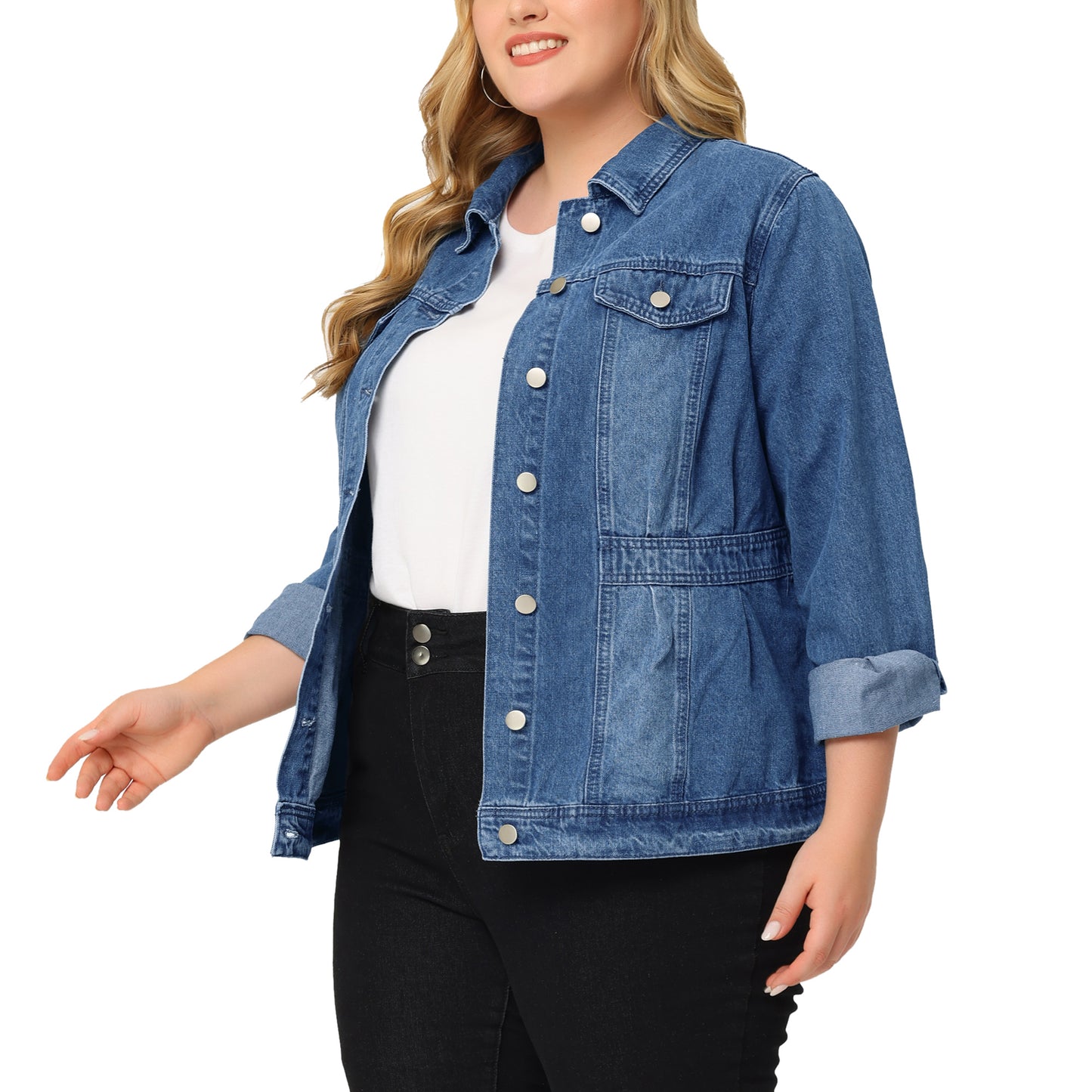 Women Plus Size Denim Jacket Long Sleeve Button Down Washed Front Trucker Jean Jacket