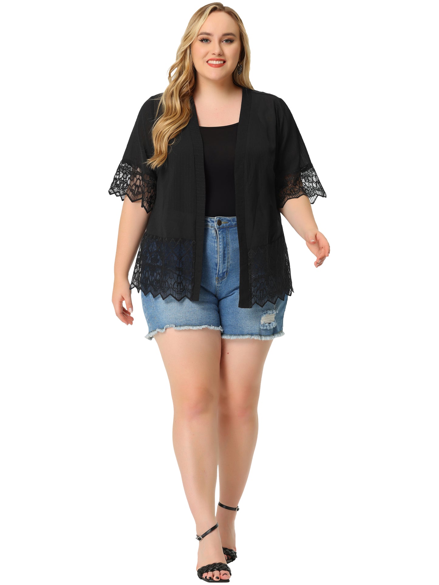 Women's Summer Lace Shrug Plus Size 1/2 Sleeve Bohemian Bikini Cover Lace Kimono Cardigan