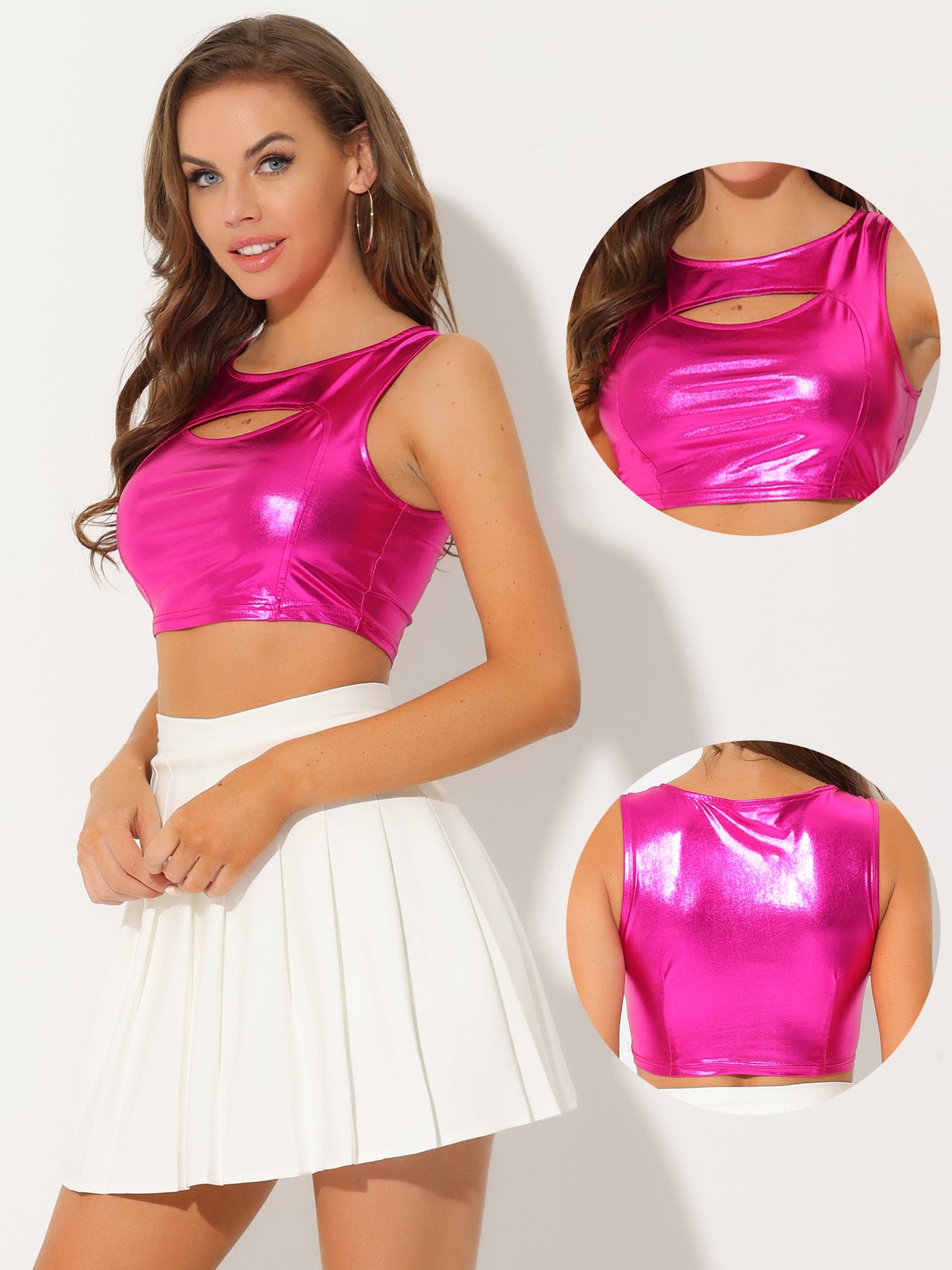 Women's Sleeveless Cut Out Party Clubwear Holographic Tank Metallic Crop Top