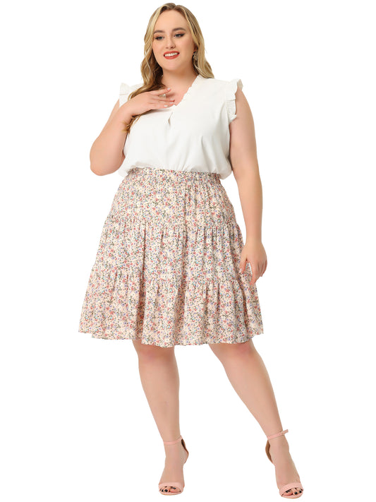 Women's Plus Size Summer Floral A-Line Stretch High Waist Tiered Skirt