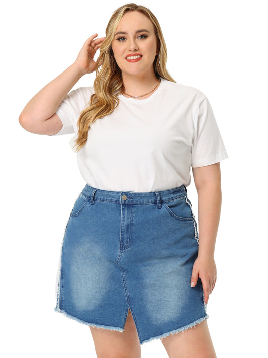 Women Plus Size Denim Skirt Slit Jean Mini Skirts With Pockets
