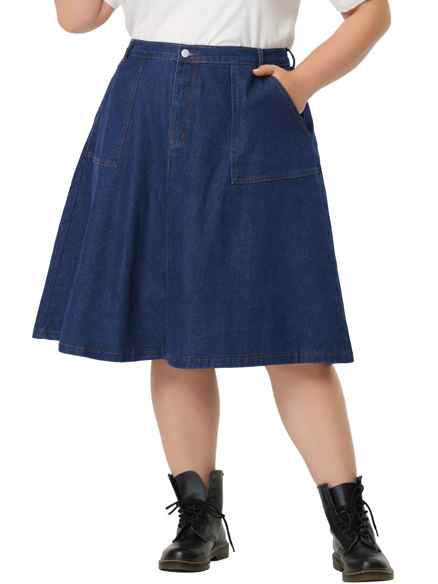 Women Plus Size Denim Skirt Casual A Line Pockets Midi Skirt