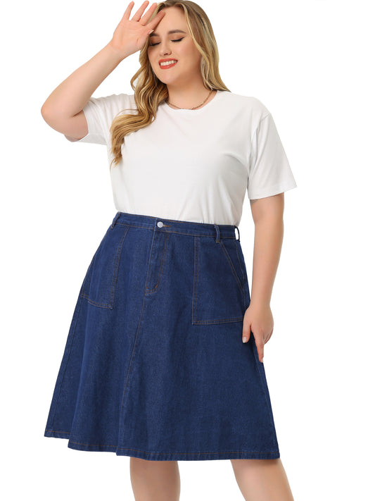 Women Plus Size Denim Skirt Casual A Line Pockets Midi Skirt