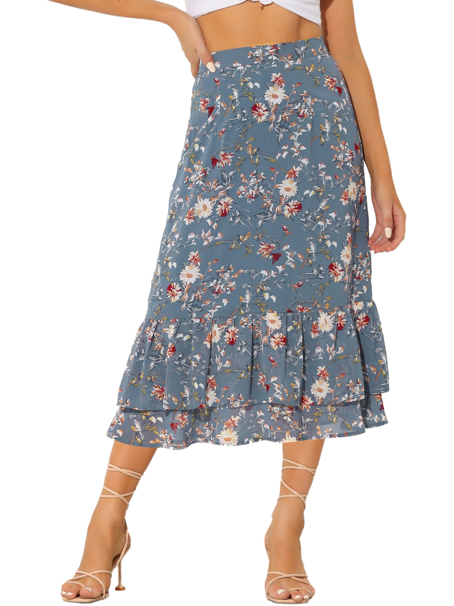 Women's Printed Skirt Summer Chiffon Ruffle Tiered Flowy Midi Skirt