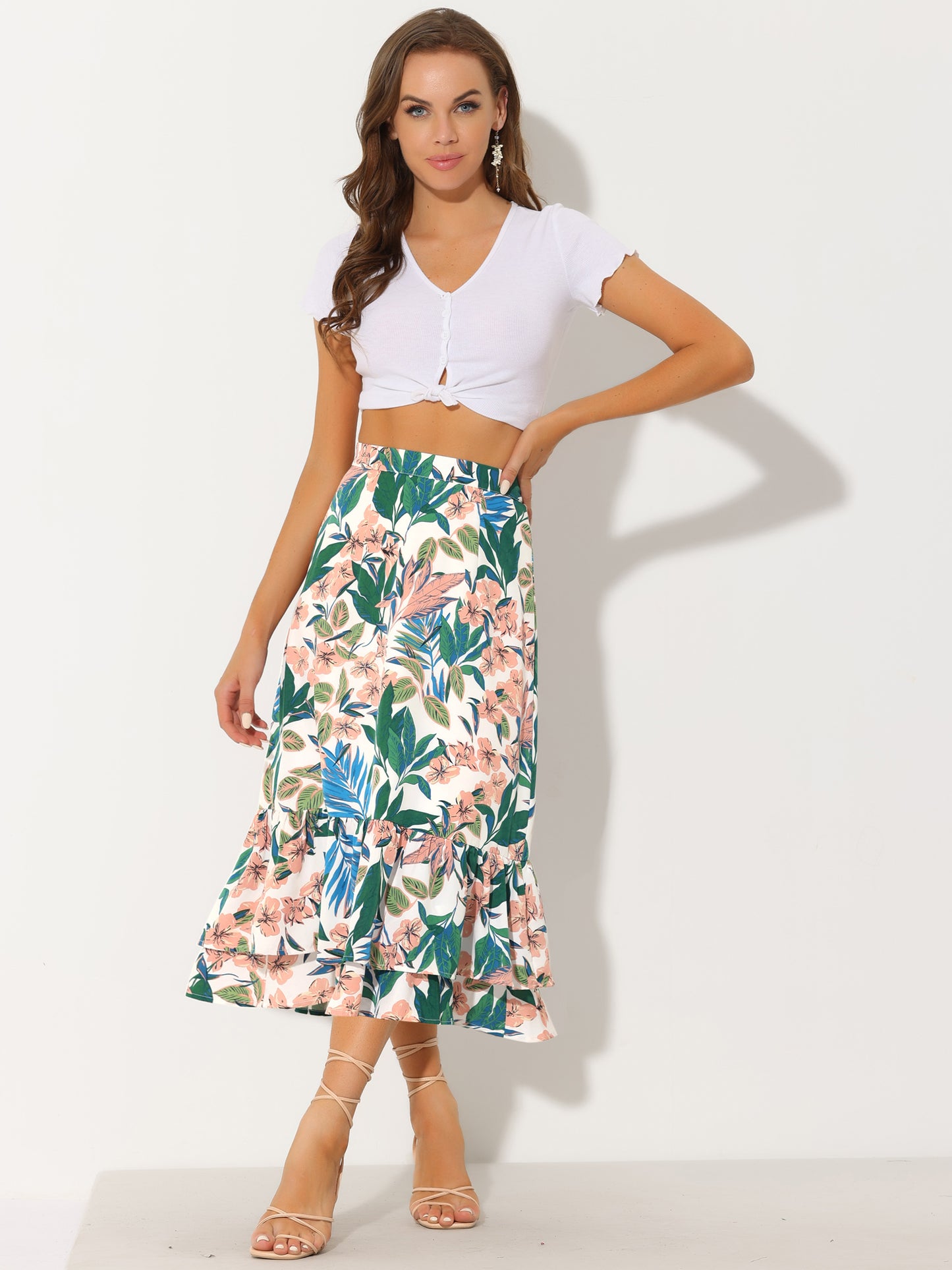 Women's Printed Skirt Summer Chiffon Ruffle Tiered Flowy Midi Skirt