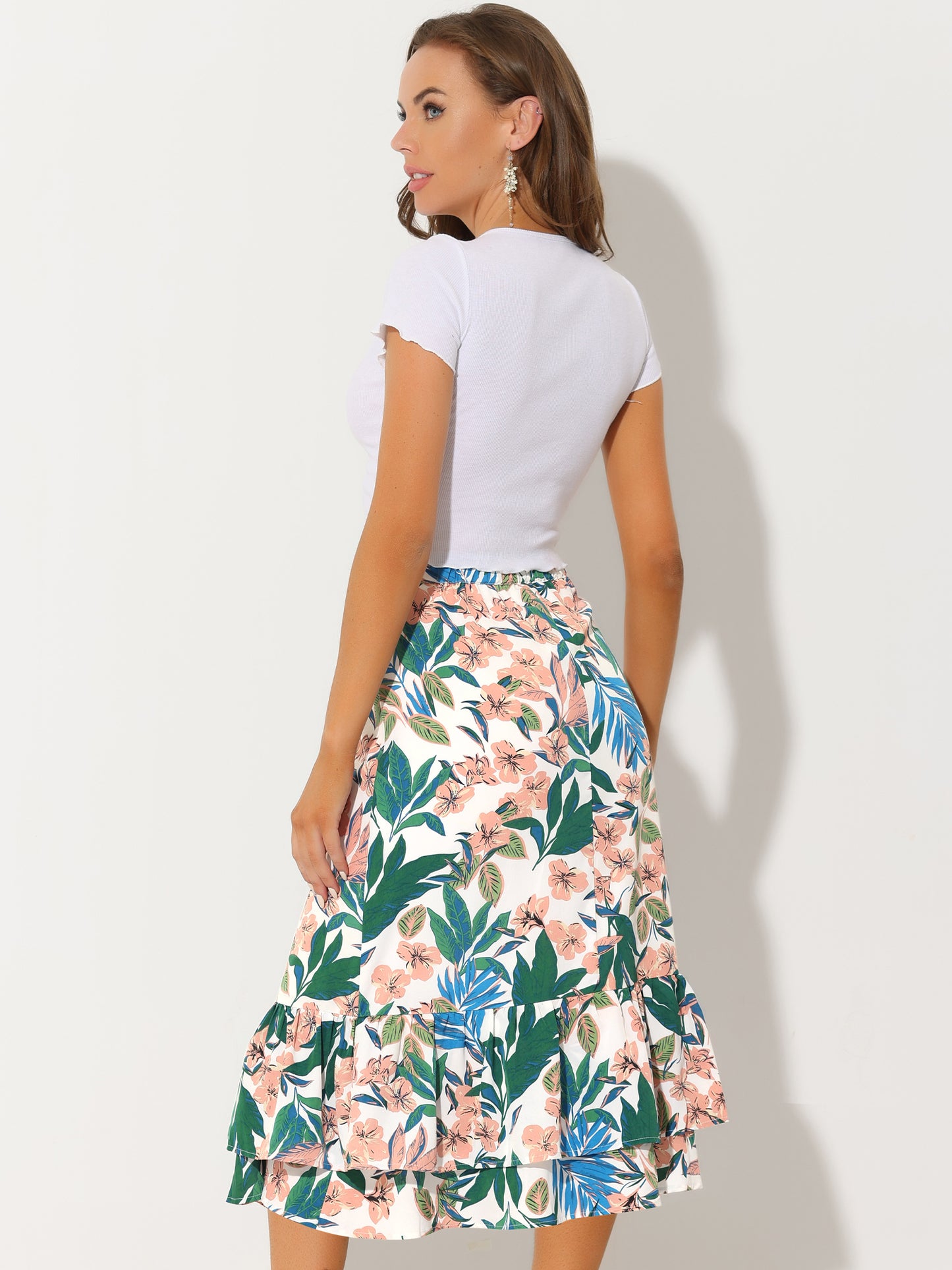 Women's Printed Skirt Summer Chiffon Ruffle Tiered Flowy Midi Skirt