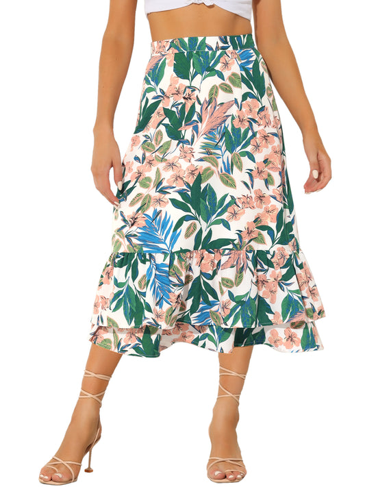 Women's Printed Skirt Summer Chiffon Ruffle Tiered Flowy Midi Skirt