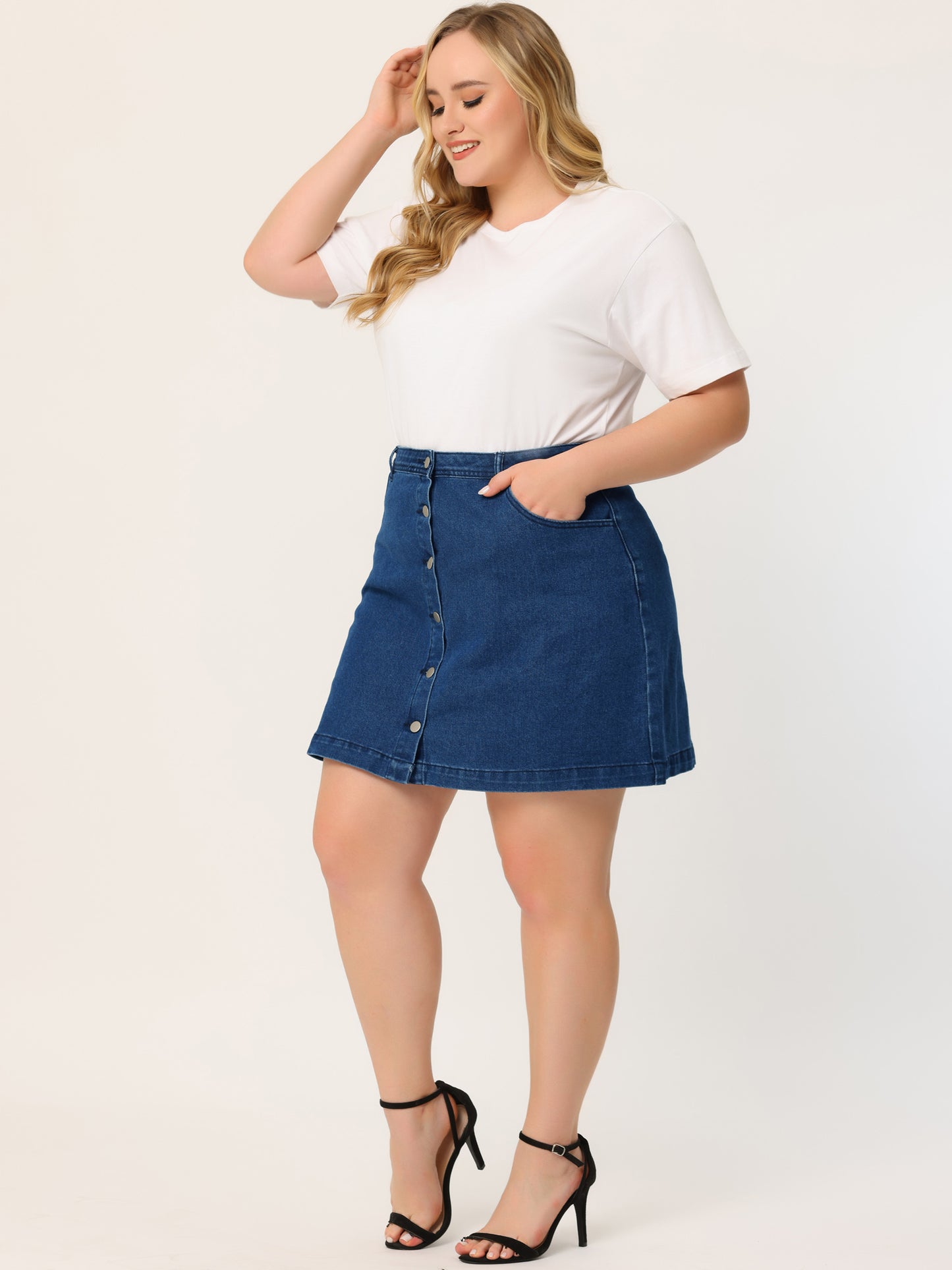 Falda vaquera de talla grande para mujer, minifalda vaquera informal de verano con botones y bolsillos laterales, corte A