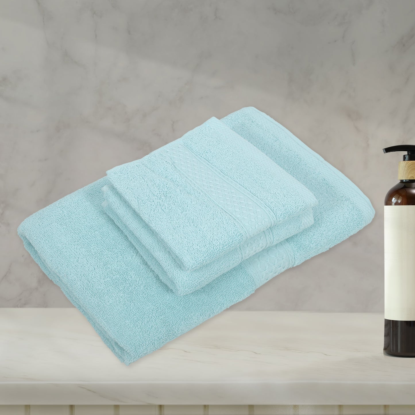 3 Pcs Cotton Bath Towel, Soft Absorbent Classic Towels Set, Cyan