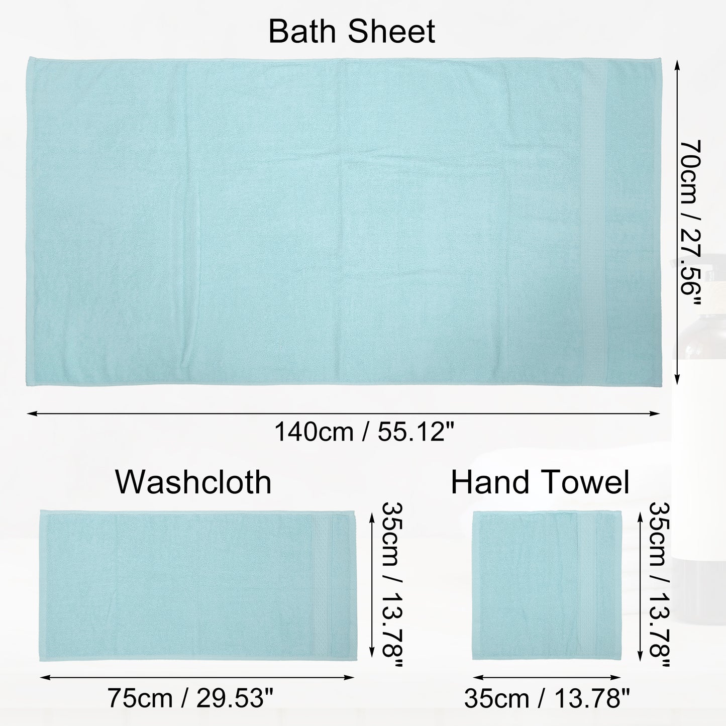 3 Pcs Cotton Bath Towel, Soft Absorbent Classic Towels Set, Cyan