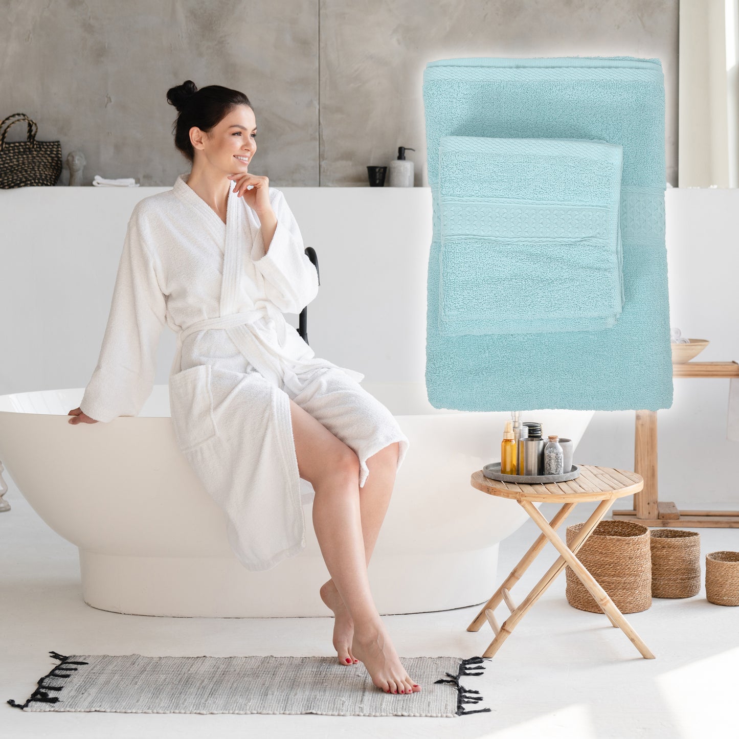 3 Pcs Cotton Bath Towel, Soft Absorbent Classic Towels Set, Cyan
