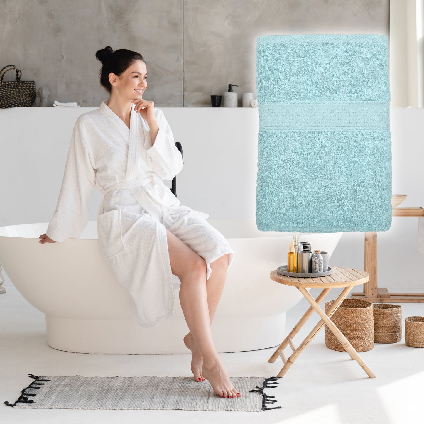 1 Pc Classic Absorbent Cotton Bath Towel, Cyan 27.56"x55.12"