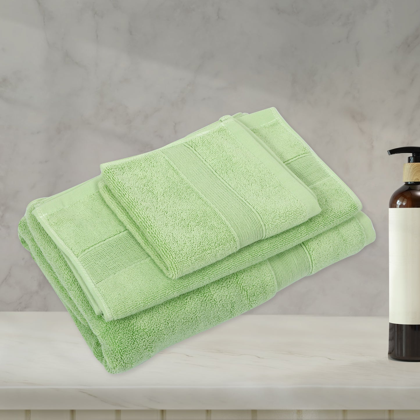 3 Pcs Cotton Bath Towel, Plain Soft Absorbent Towels Set, Green