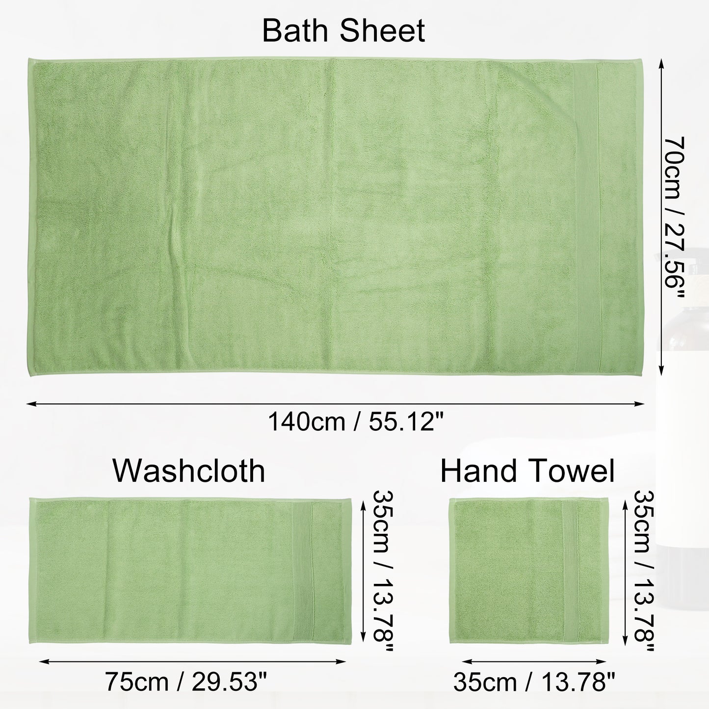 3 Pcs Cotton Bath Towel, Plain Soft Absorbent Towels Set, Green