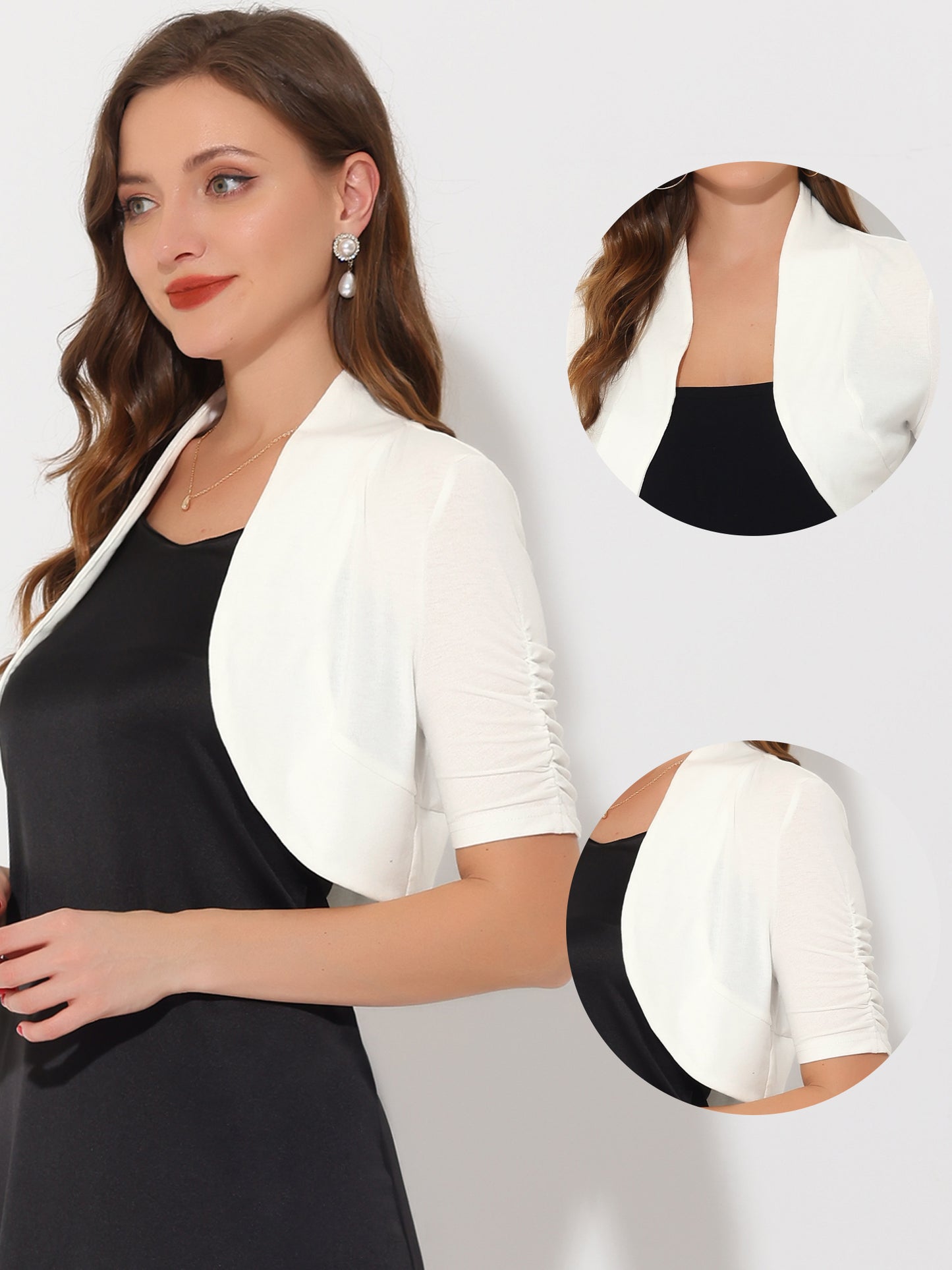 Women's Short Sleeve Shrugs Ruched Sleeve Open Front Cropped Bolero Cardigan
