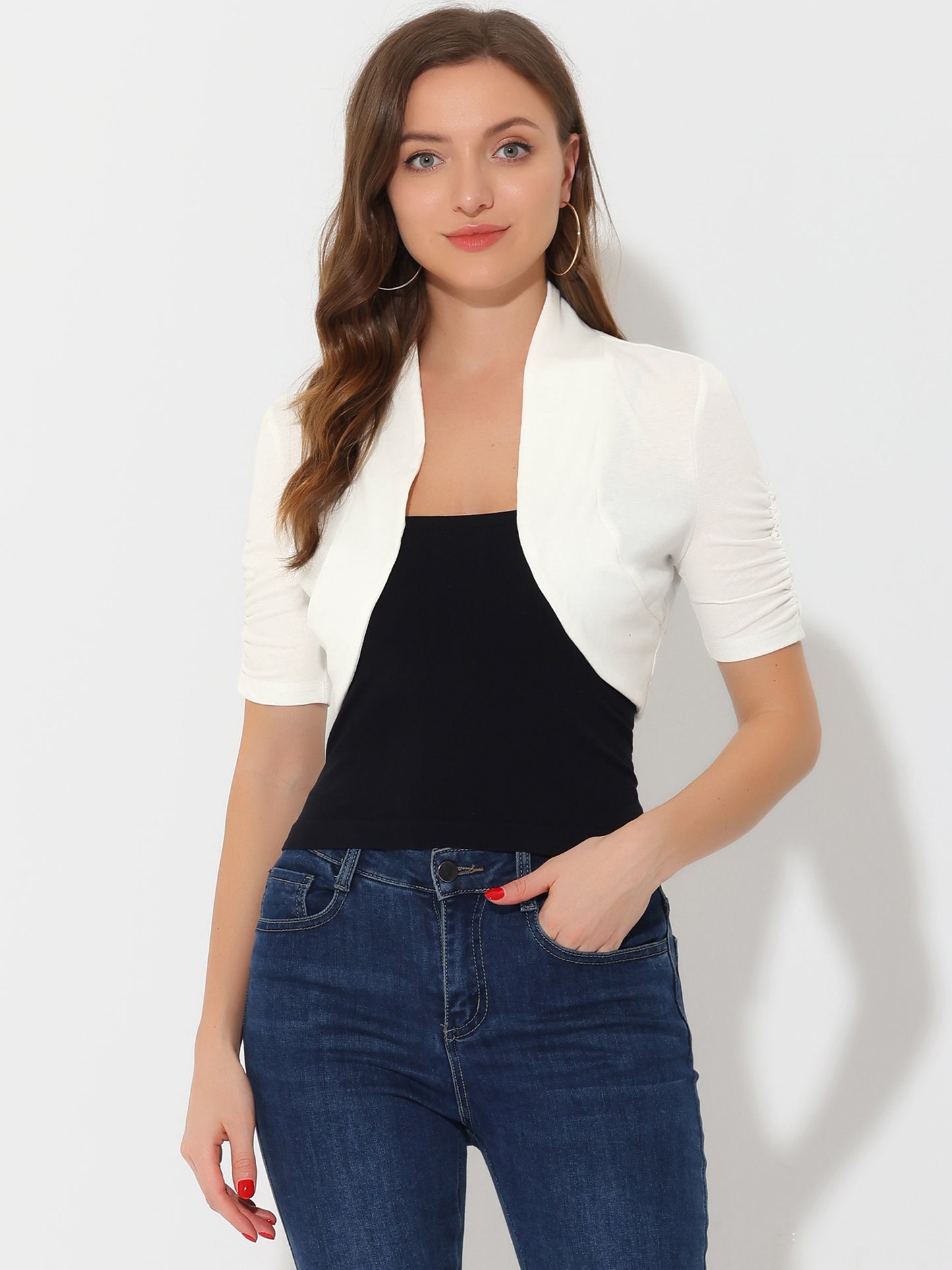 Women's Short Sleeve Shrugs Ruched Sleeve Open Front Cropped Bolero Cardigan