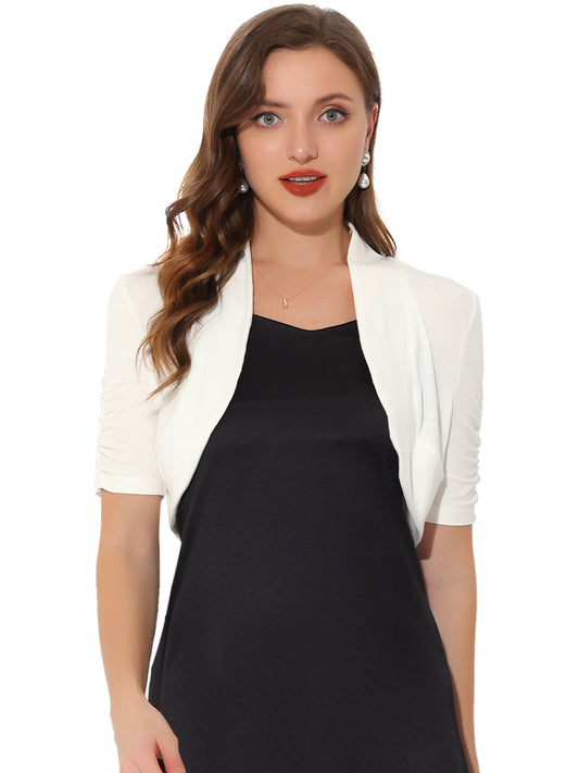 Women's Short Sleeve Shrugs Ruched Sleeve Open Front Cropped Bolero Cardigan