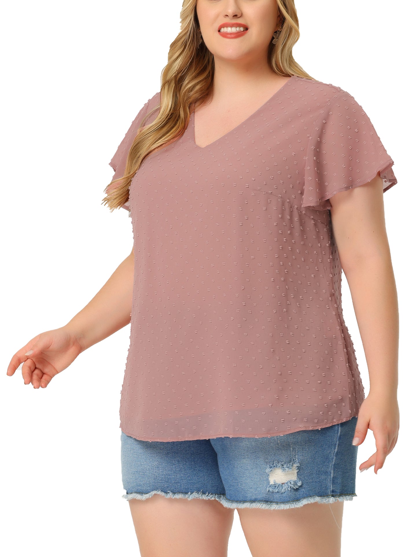 Women Plus Size Swiss Dots Blouse V Neck Summer Short Sleeve Casual Top