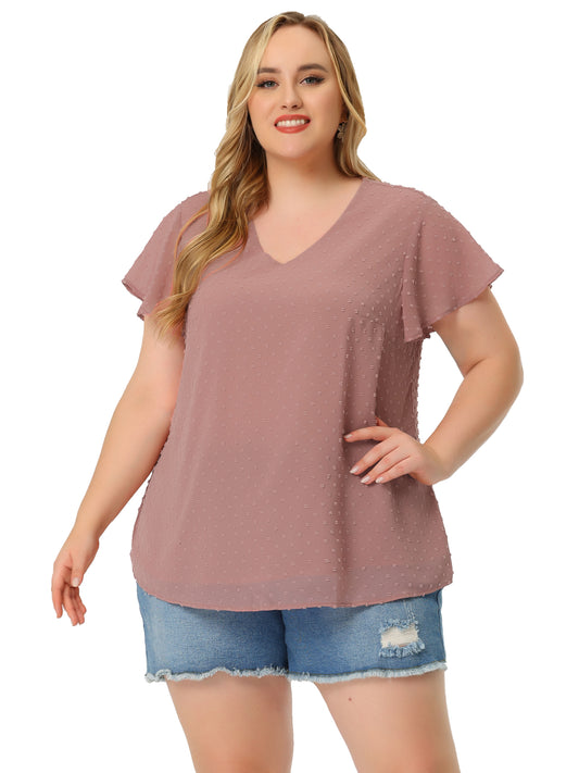Women Plus Size Swiss Dots Blouse V Neck Summer Short Sleeve Casual Top