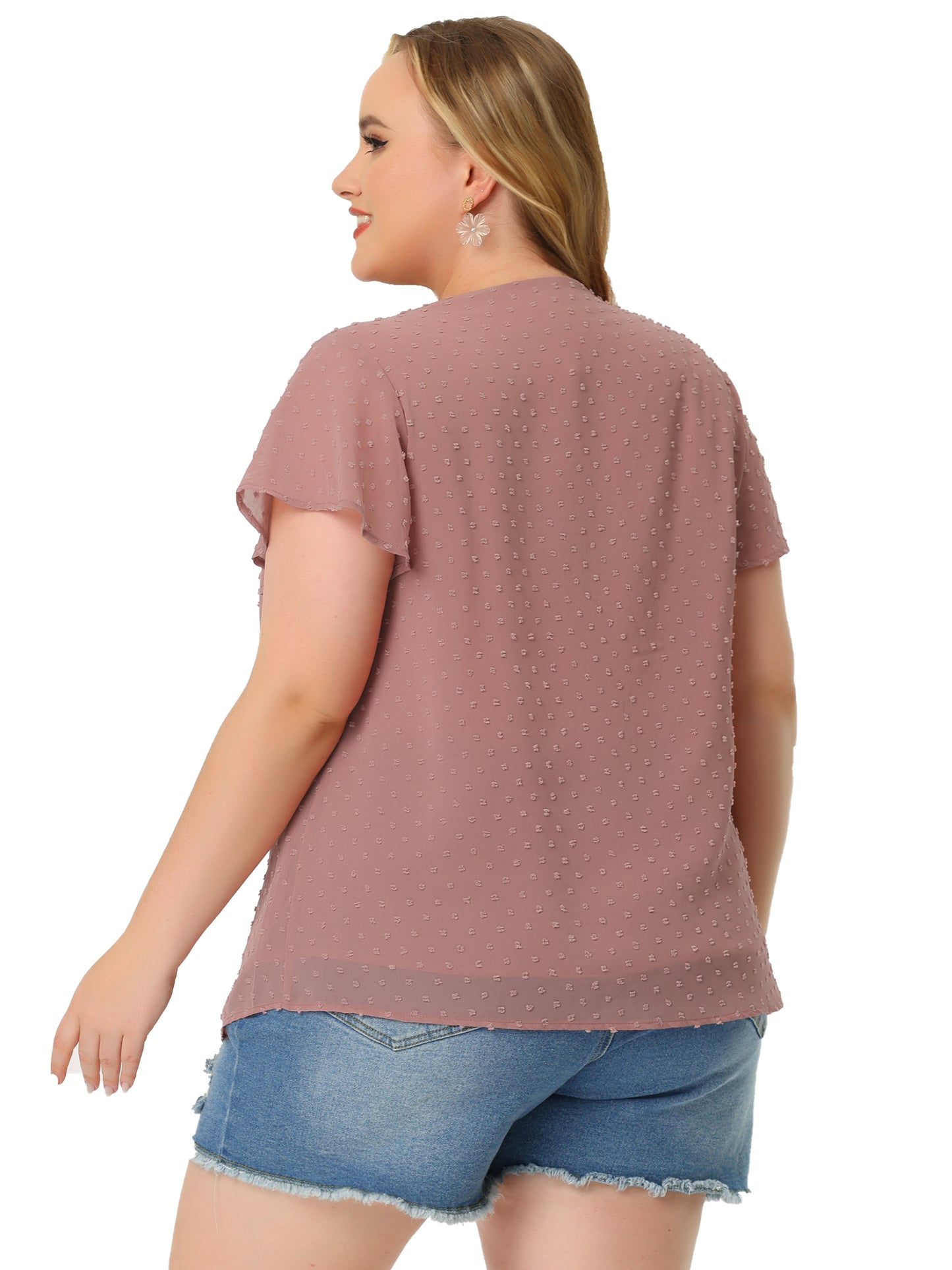 Women Plus Size Swiss Dots Blouse V Neck Summer Short Sleeve Casual Top