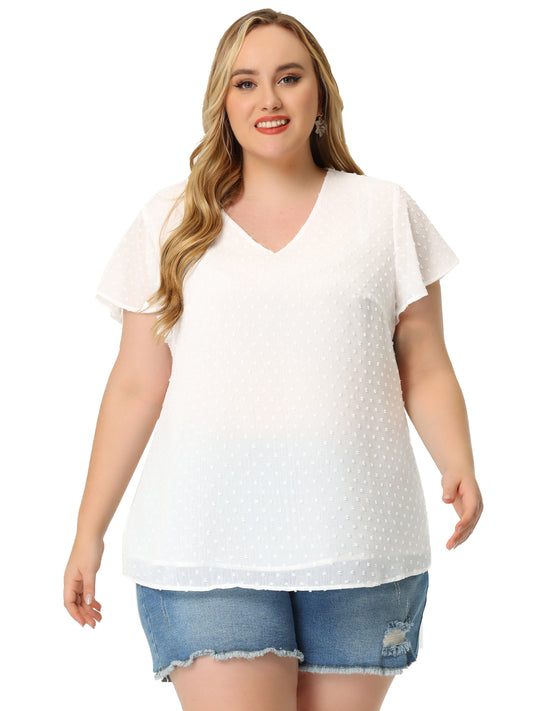 Women Plus Size Swiss Dots Blouse V Neck Summer Short Sleeve Casual Top